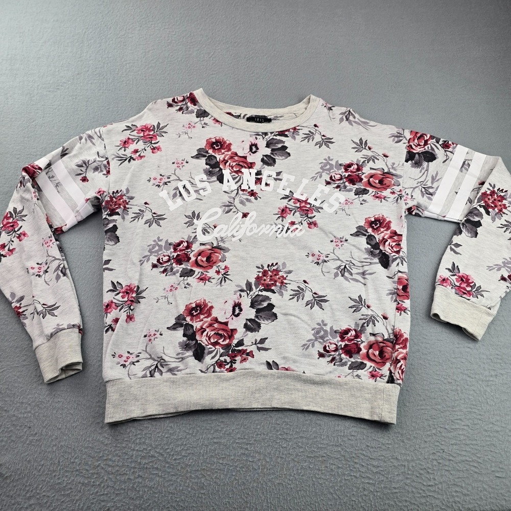 Iris Los Angeles Sweatshirt Women Large Gray Floral Cotton Ribbed Trim Crew Neck